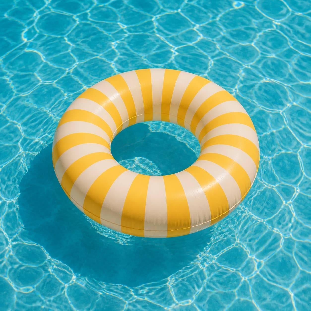Yellow and white striped Poolora inflatable ring floating in clear blue water