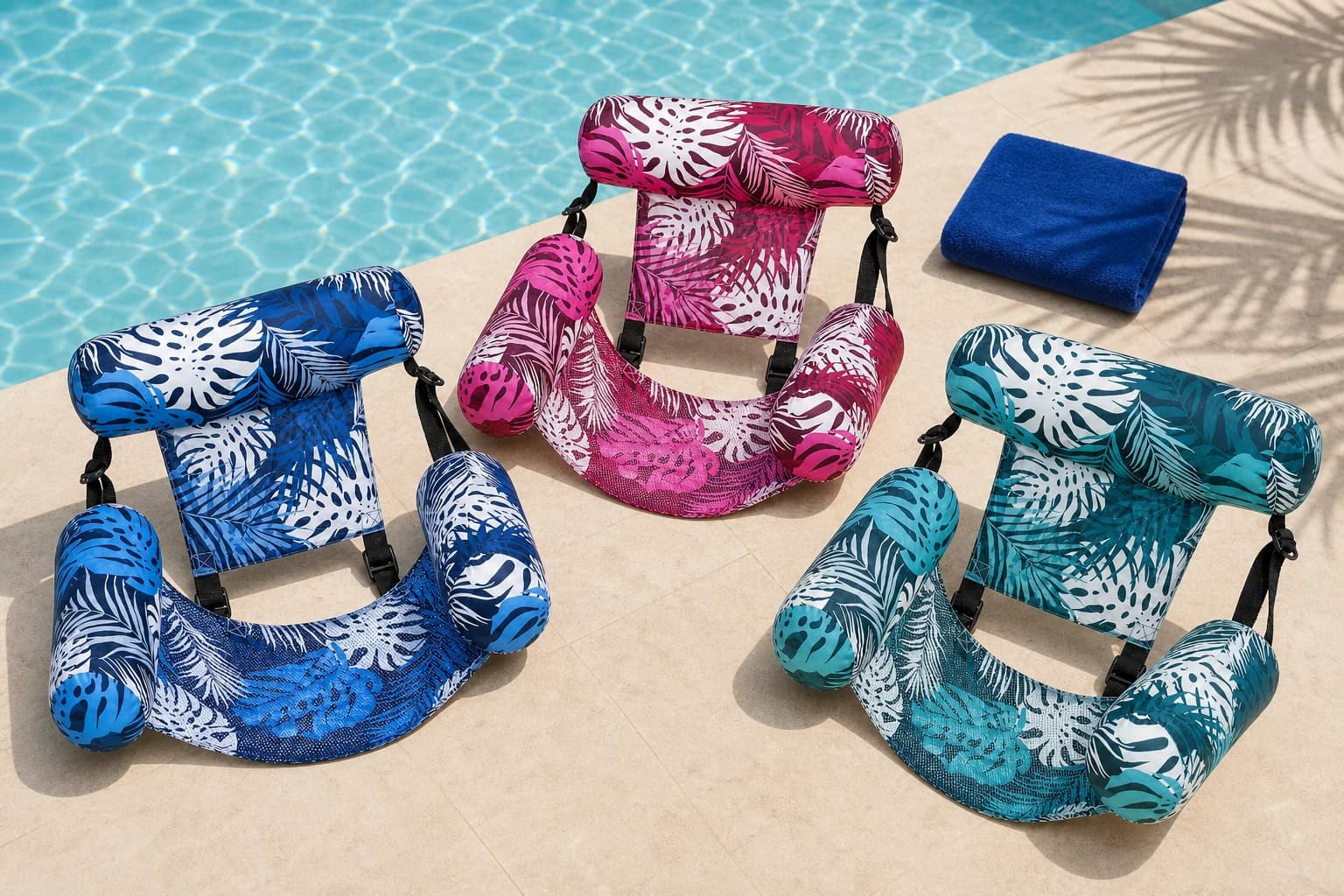 Poolora Float Chairs in blue, pink and aqua beside a swimming pool
