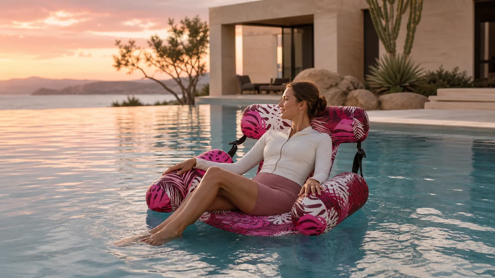 A sunset float on the Pink Poolora Float Chair