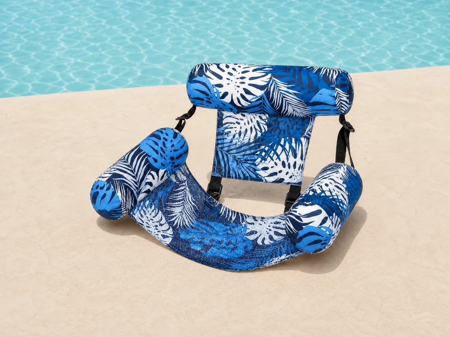 The Poolora Blue Float Chair beside clear pool water
