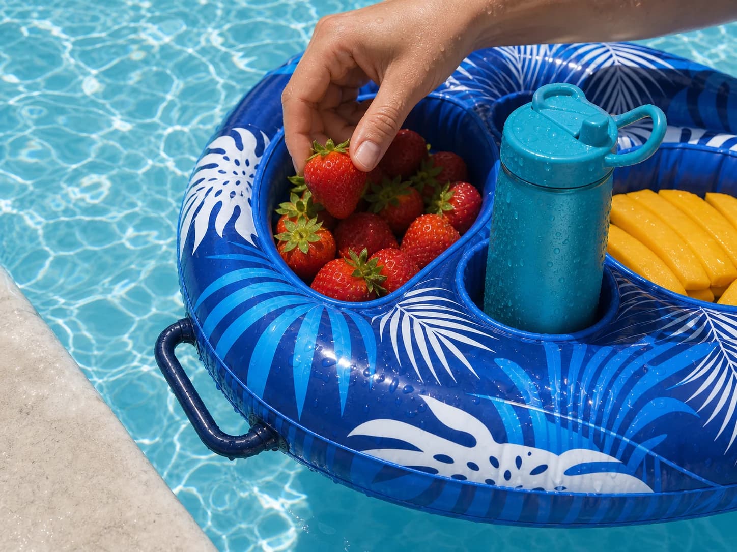 Close view of fruit and a fitted drink holder on the Poolora Float