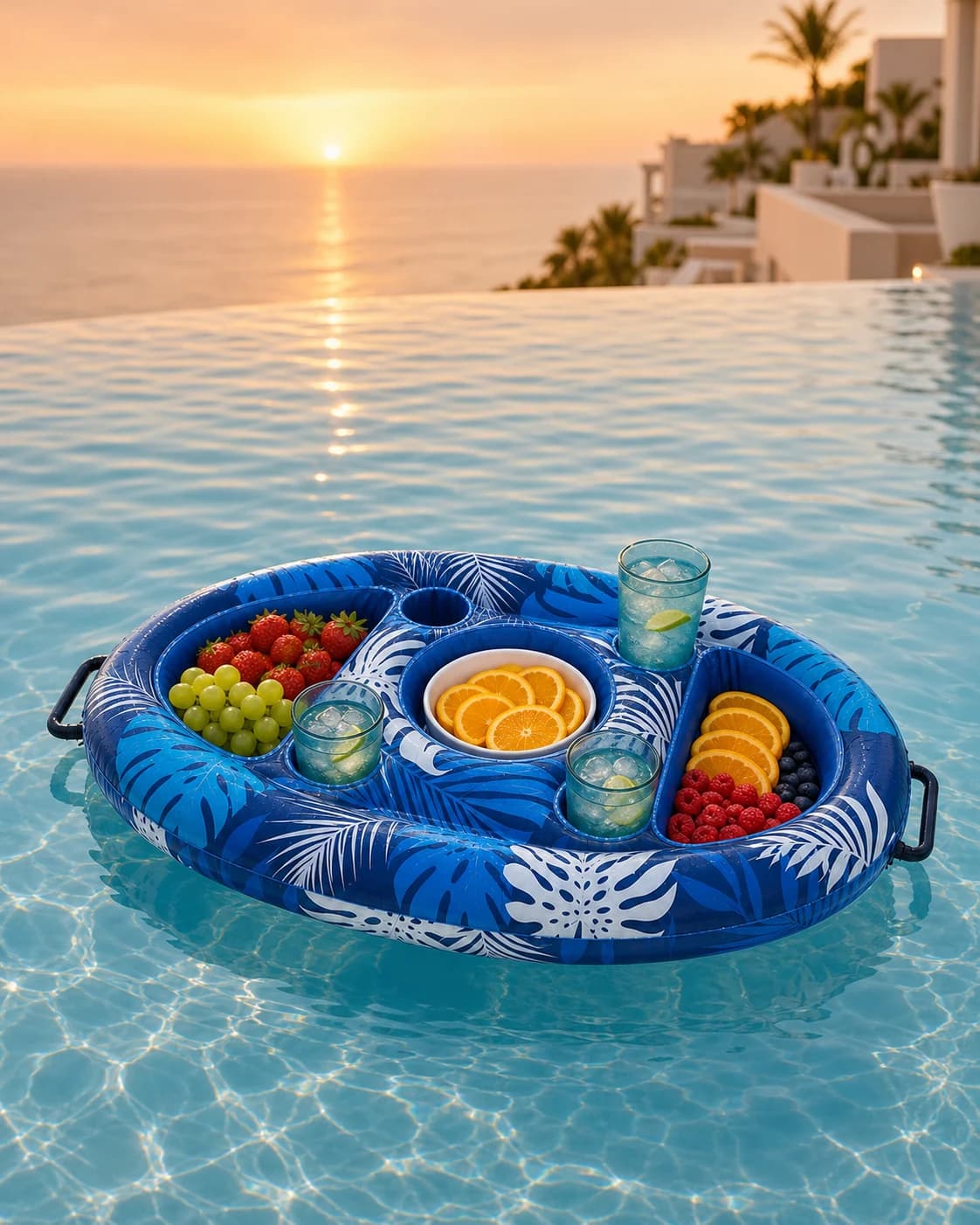 Loaded Poolora Float in an infinity pool at sunset