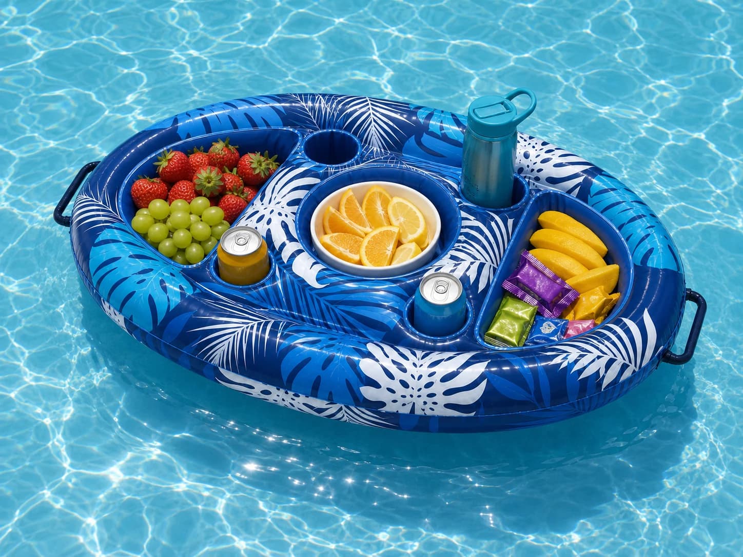 Loaded Poolora Float carrying fruit, snacks and drinks in a sunny pool